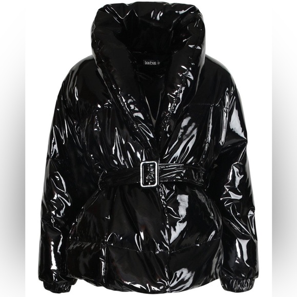 BOOHOO LIKE NEW VINYL HIGH SHINE PUFFER BOMBER JACKET BELTED COAT SIZE US 8 - Picture 1 of 2
